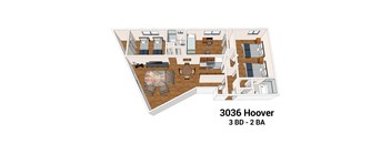A 3D floor plan of a 3 bedroom, 2 bathroom apartment.