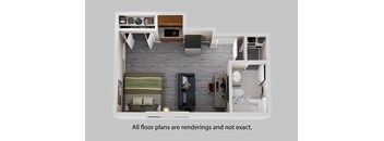 A rendering of a floor plan for a small apartment with a living room, kitchen, and two bedrooms.