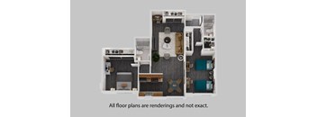 A 3D rendering of a floor plan for a house with a kitchen, living room, and bedrooms.