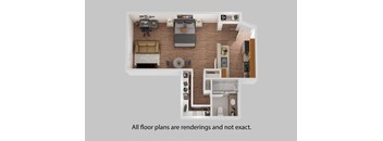 A 3D rendered image of a floor plan for a house.