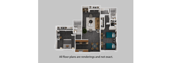 A 3D rendered image of a house layout.