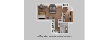 A floor plan of a room with furniture and appliances.