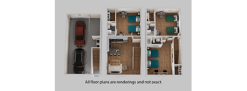 A rendering of a floor plan with a car and a truck.