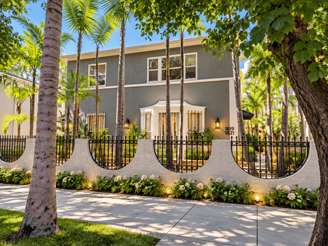 A modern house with a black fence and palm trees in front.