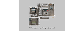 A floor plan of a house with a bedroom, living room, kitchen, and bathroom.