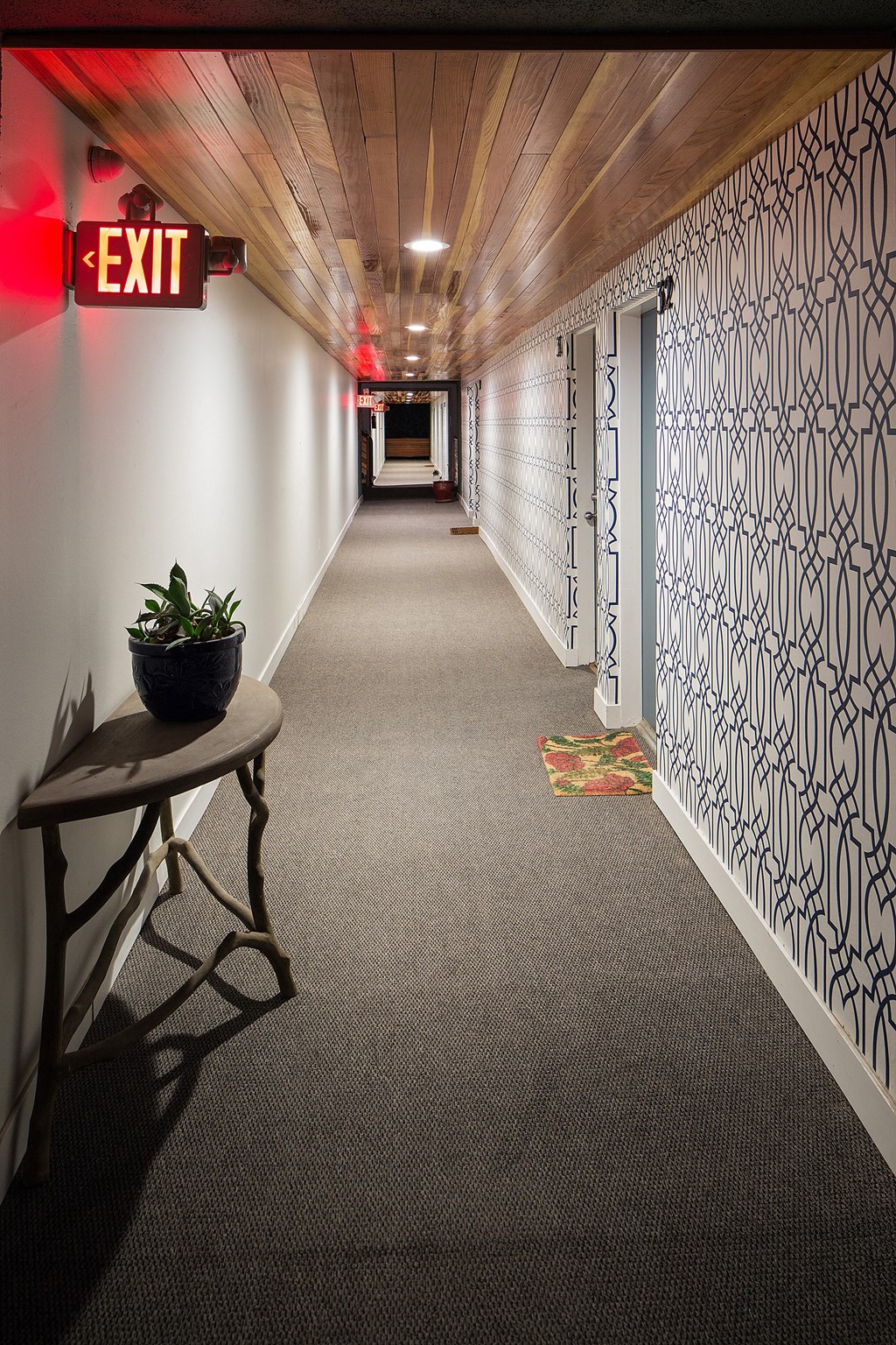 a hallway with white walls and a table with a potted plant