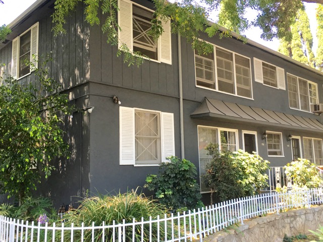 a black house with white windows and a white fence