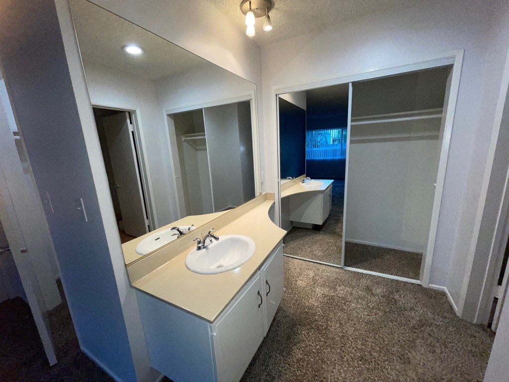 a bathroom with a sink and a mirror
