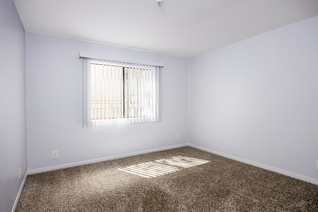 A room with a carpeted floor and a window with blinds.
