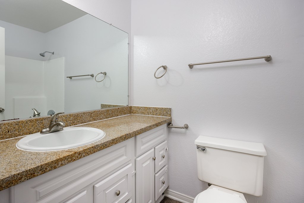 A white toilet sits next to a sink in a bathroom.