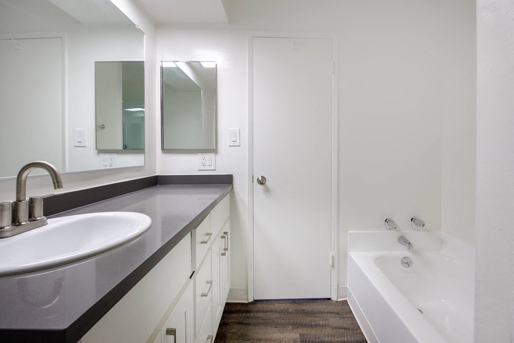 a bathroom with a sink and a tub and a mirror