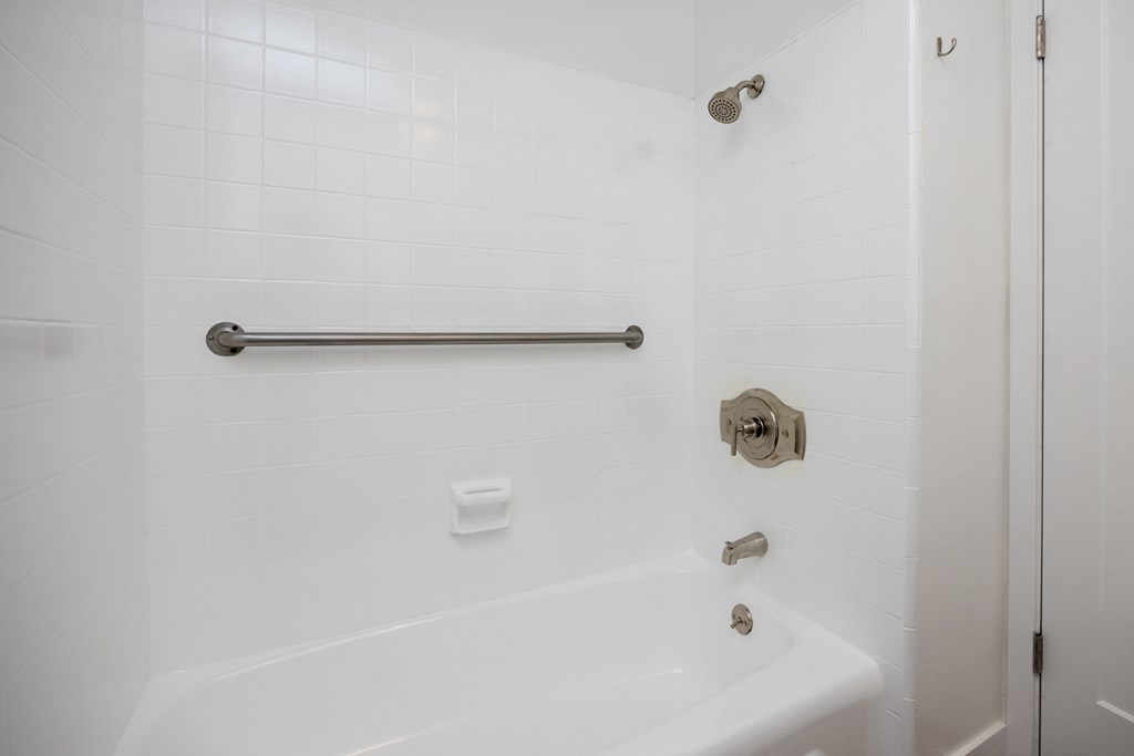 a bathroom with a shower and a tub and a towel rack