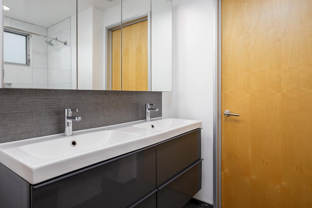 a bathroom with a sink and a mirror and a wooden door