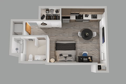 a 3d floor plan of a bedroom with a bathroom and a living room