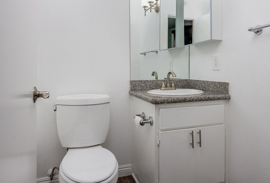 A white toilet sits next to a sink in a bathroom.