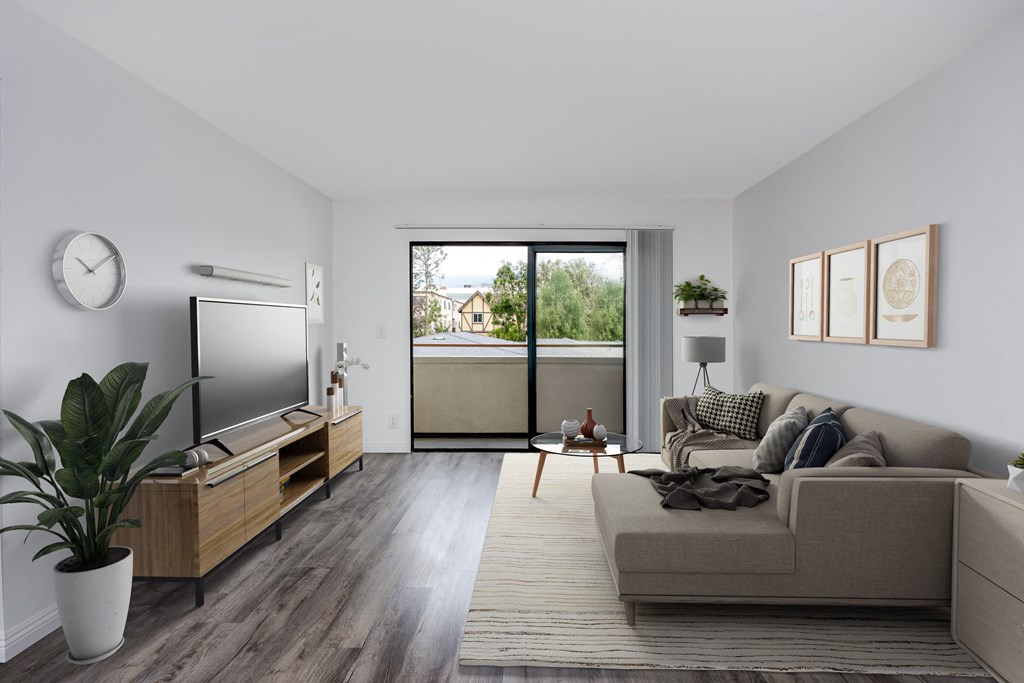 A living room with a grey couch, a wooden cabinet, a television, and a potted plant.