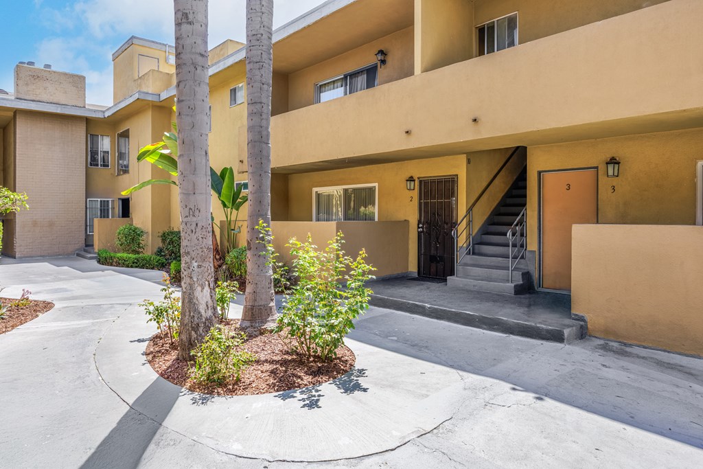 A building with a palm tree in front of it.