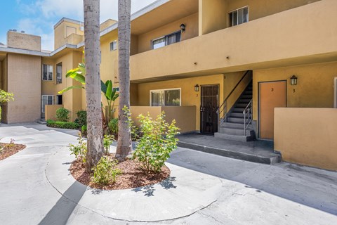A building with a palm tree in front of it.
