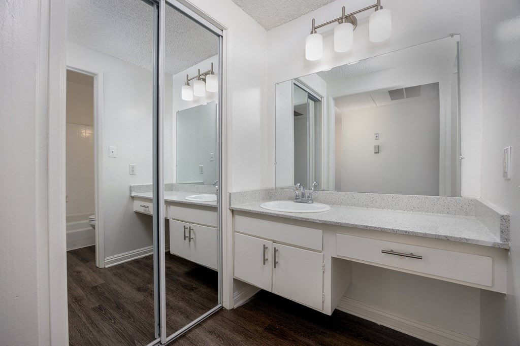 a bathroom with a sink and a mirror