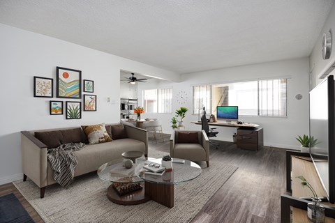 A living room with a couch, a coffee table, and a TV.