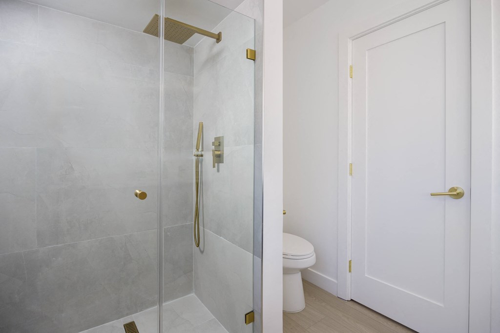 a white bathroom with a shower and a toilet