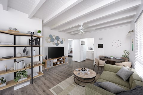 A living room with a couch, a coffee table, and a television.