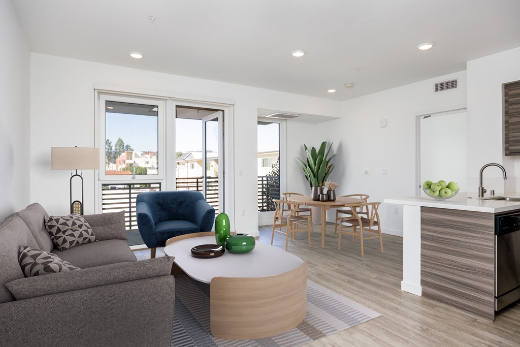 a living room with a couch and a table