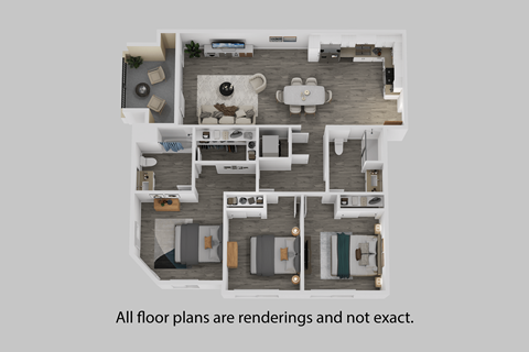A 3D rendered image of a house layout.