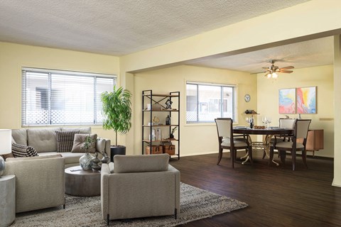A living room with a grey couch, a coffee table, a dining table with chairs, a potted plant, and a shelf with books and decorations.