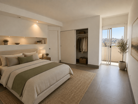 A bedroom with a large bed and a view of the outdoors through a sliding glass door.