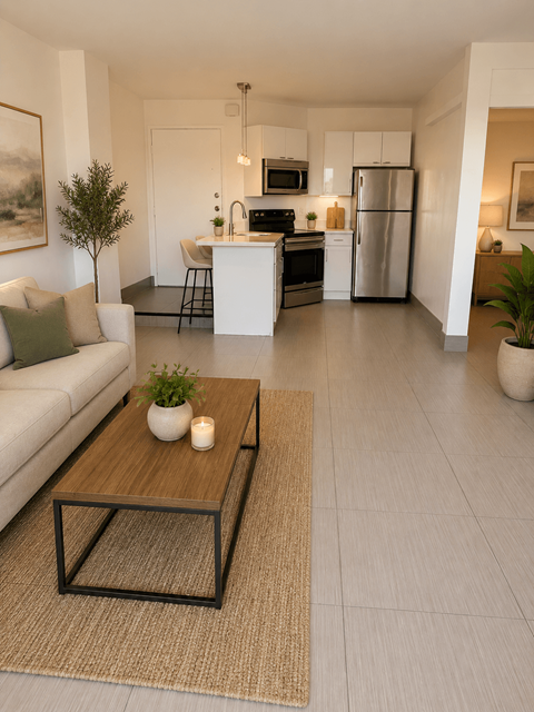 A modern living room with a white couch, a coffee table, and a kitchen in the background.