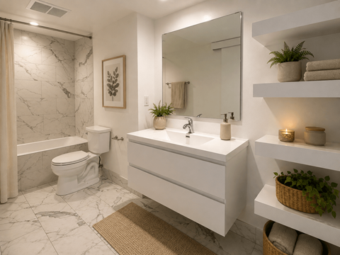A bathroom with a white toilet, sink, and shelves.