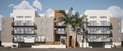 a rendering of an apartment building with a palm tree