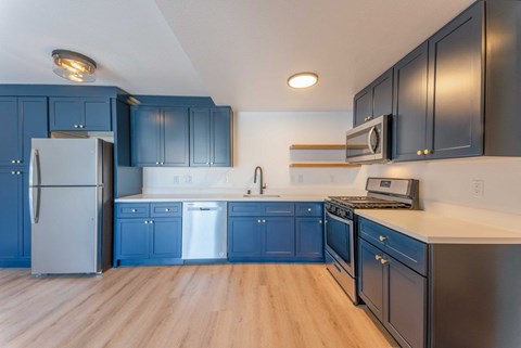 A kitchen with dark blue cabinets and stainless steel appliances.
