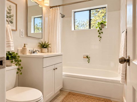 A white bathroom with a toilet, sink, and bathtub.