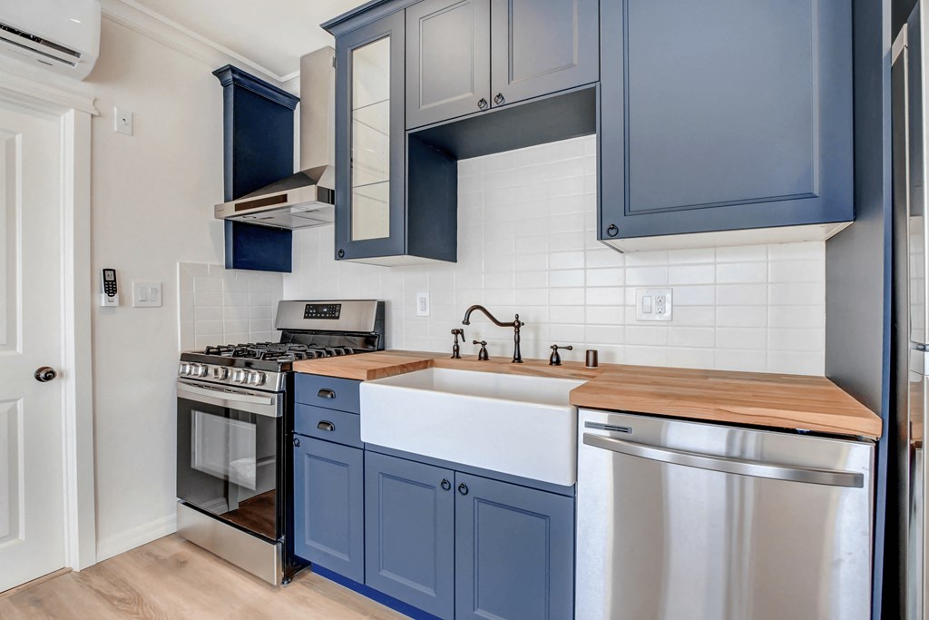 a kitchen with blue cabinets and stainless steel appliances and a sink