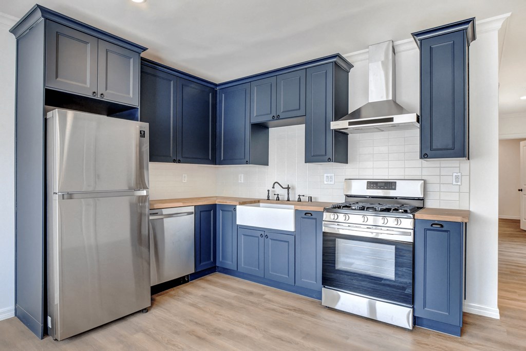 a kitchen with blue cabinets and stainless steel appliances