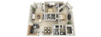 A 3D floor plan of a house with a living room, kitchen, dining room, and bedrooms.