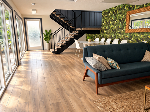 A living room with a dark blue couch and a wooden staircase.