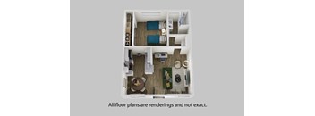 A top down view of a room with a kitchen area and a living room.