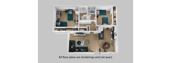 A set of three renderings of a floor plan for a house or apartment.