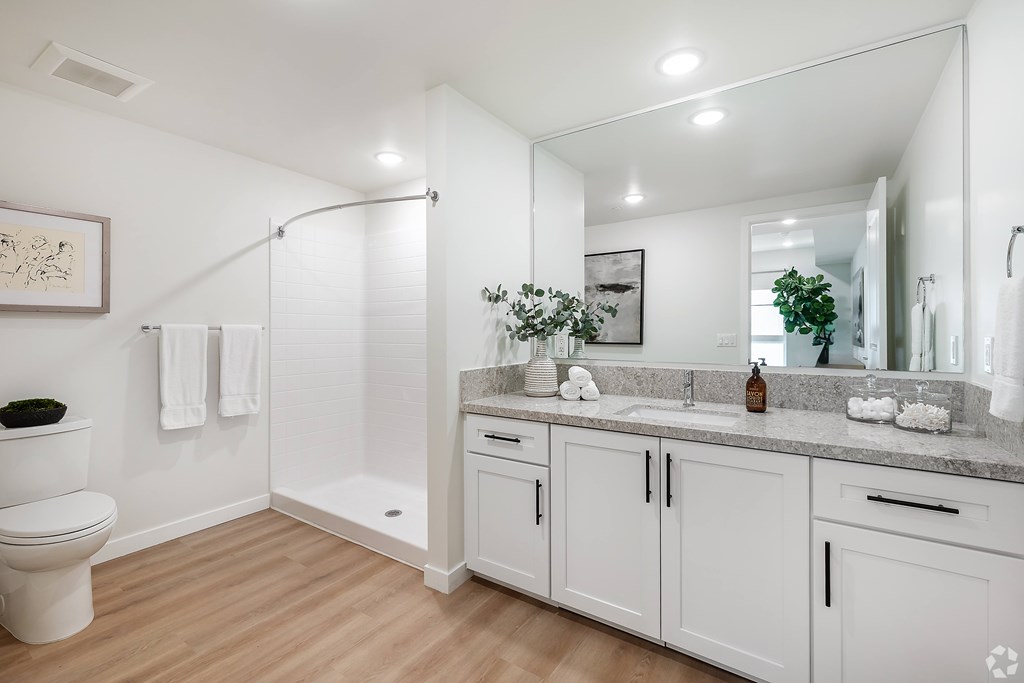A bathroom with a toilet, sink, and mirror.