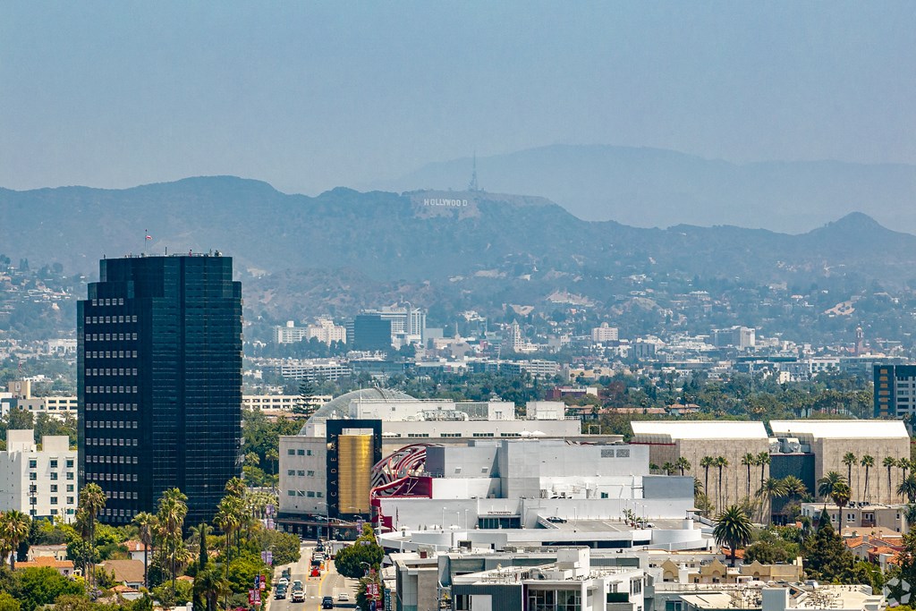 A cityscape with a mountain in the background.