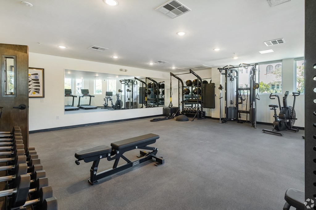 A gym with a variety of equipment including treadmills, weights, and exercise machines.
