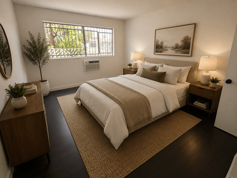 A bedroom with a large bed and a window.