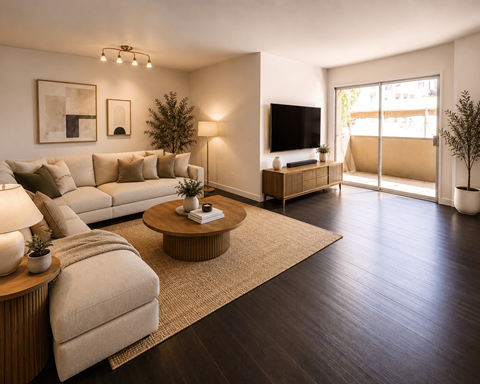 A living room with a white couch, a coffee table, and a television.