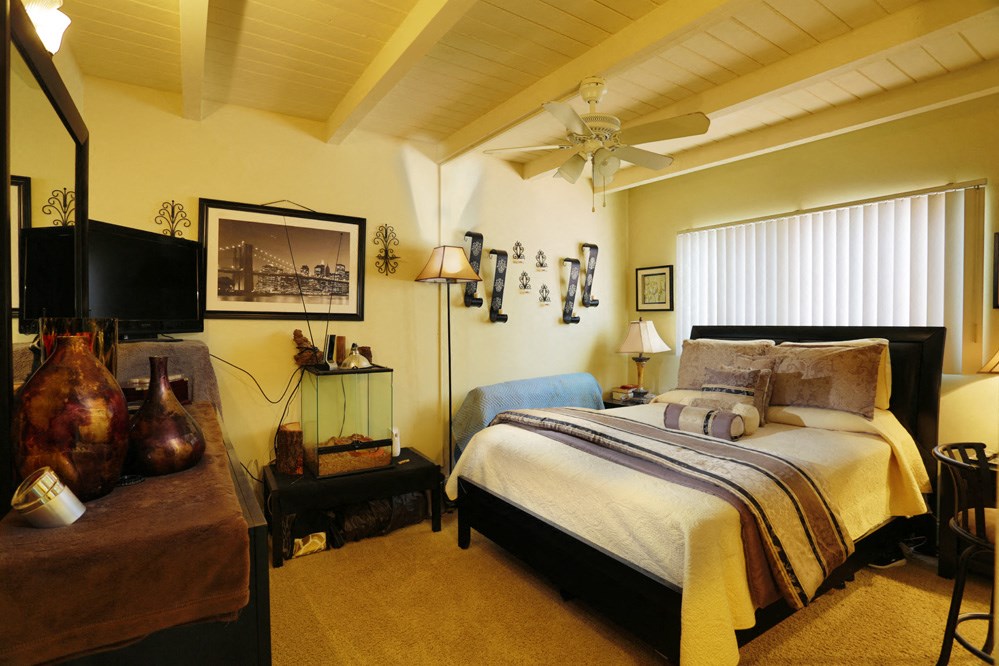 a bedroom with a bed and a ceiling fan