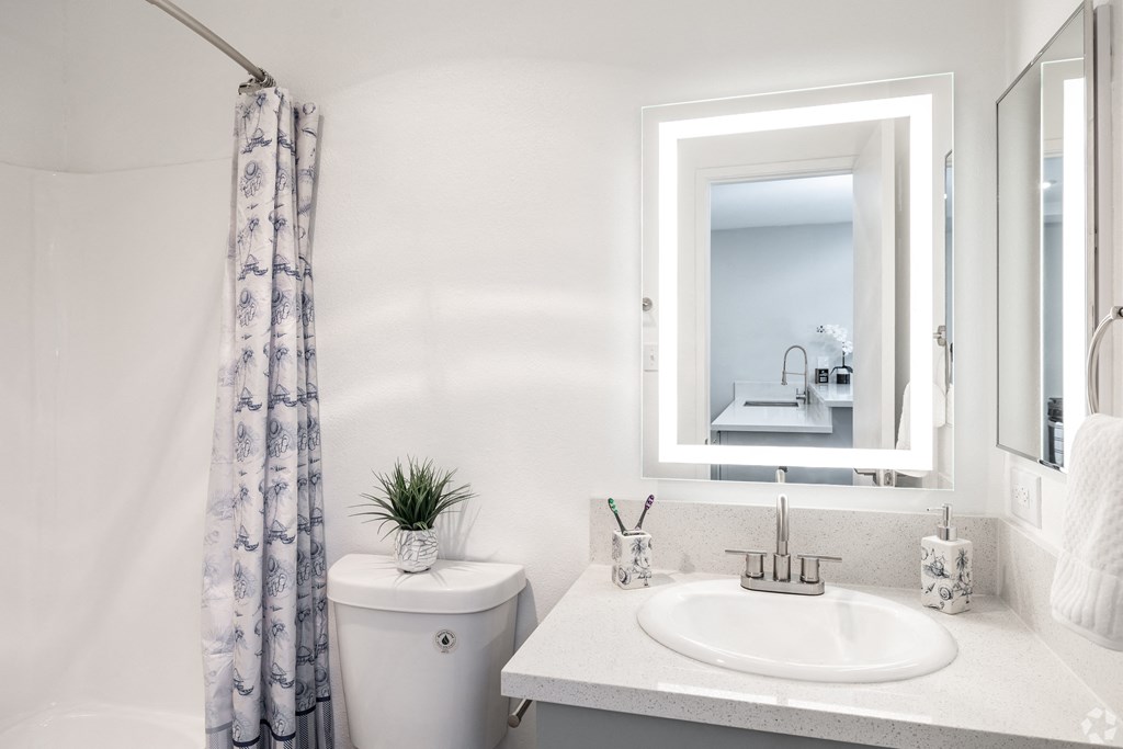 a white bathroom with a mirror and a sink and a toilet