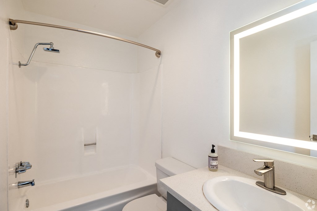 a bathroom with a shower and a sink and a mirror