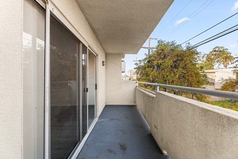 A balcony with a glass door and a metal railing.